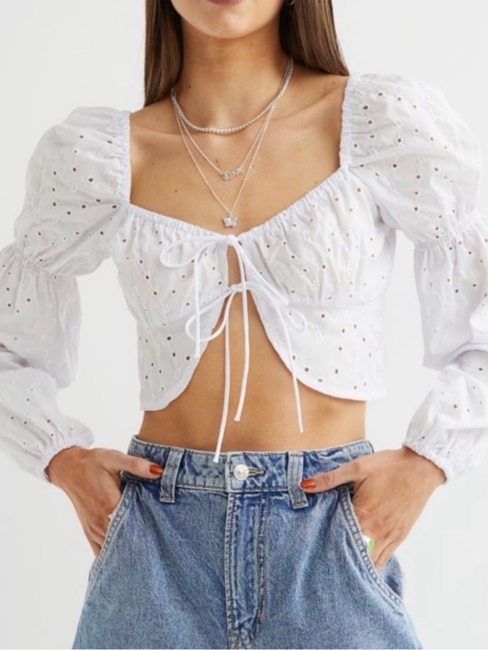 H&M White Eyelet Puff-Sleeve Tie-Front Crop Top